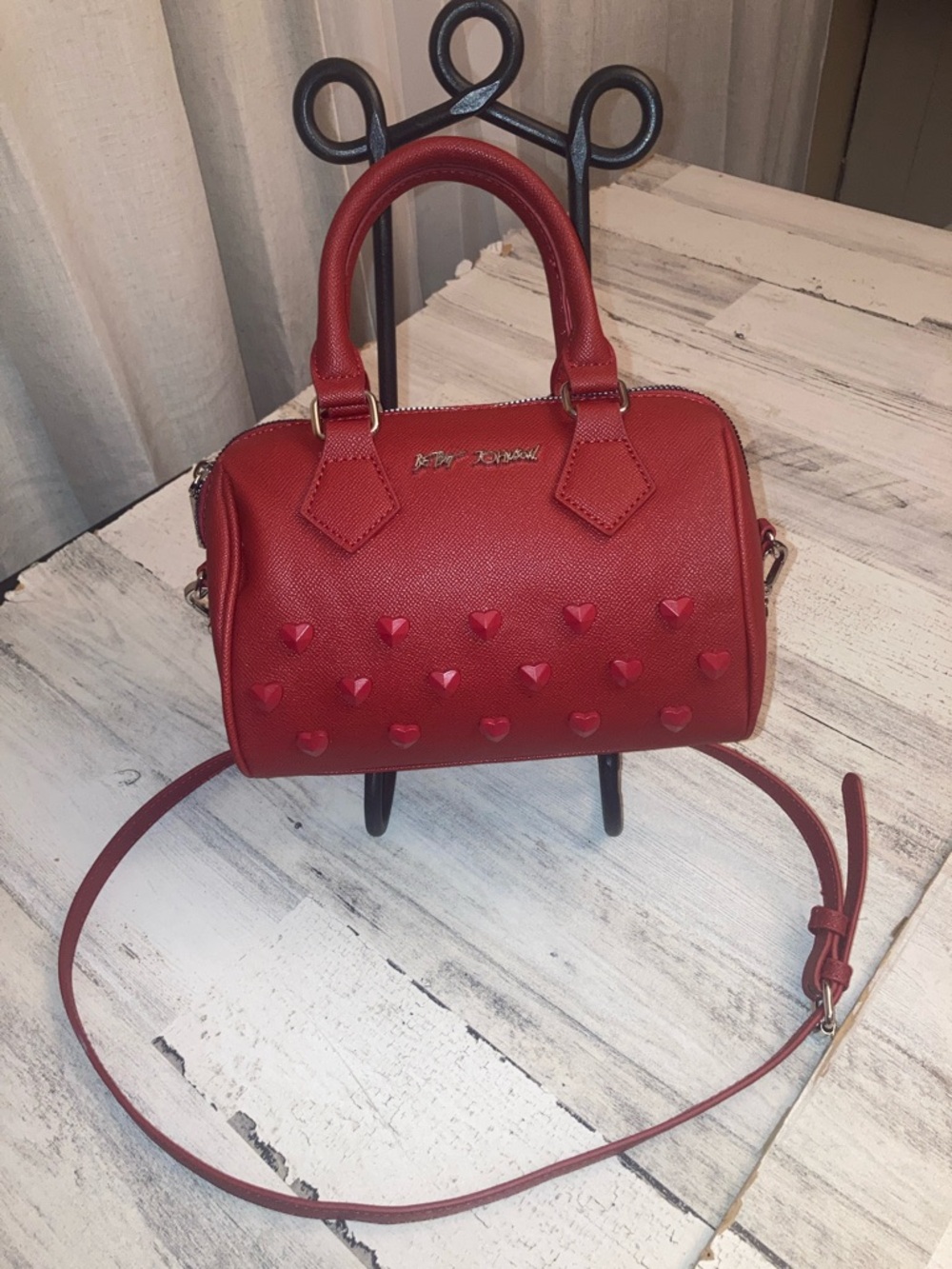 NWOT  Genuine Betsey Johnson Crimson Red Heart-Stud Crossbody Satchel❤️